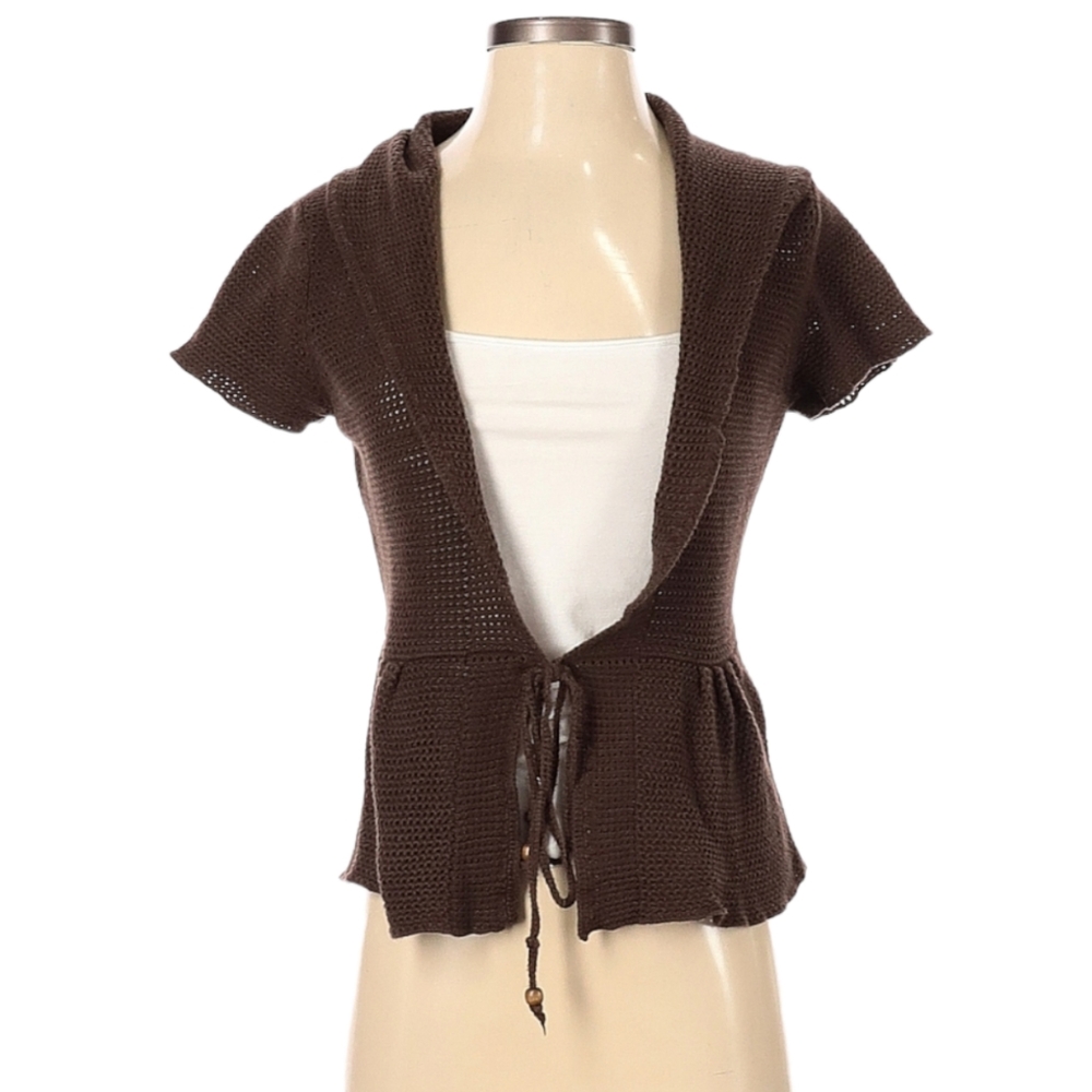 Tommy Hilfiger Cardigan Sweater Size S Brown‎ Short Sleeve Peplum Tie Front